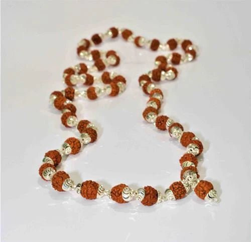 5 Mukhi Rudraksha Silver Chain Mala (54+1 Beads) - Rudraksham0m5 Mukhi Rudraksha Silver Chain Mala (54+1 Beads)Rudraksham